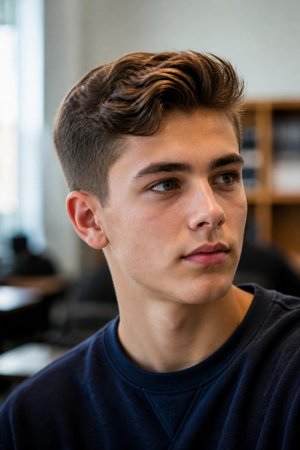 Boy with ivy league cut and wavy lift