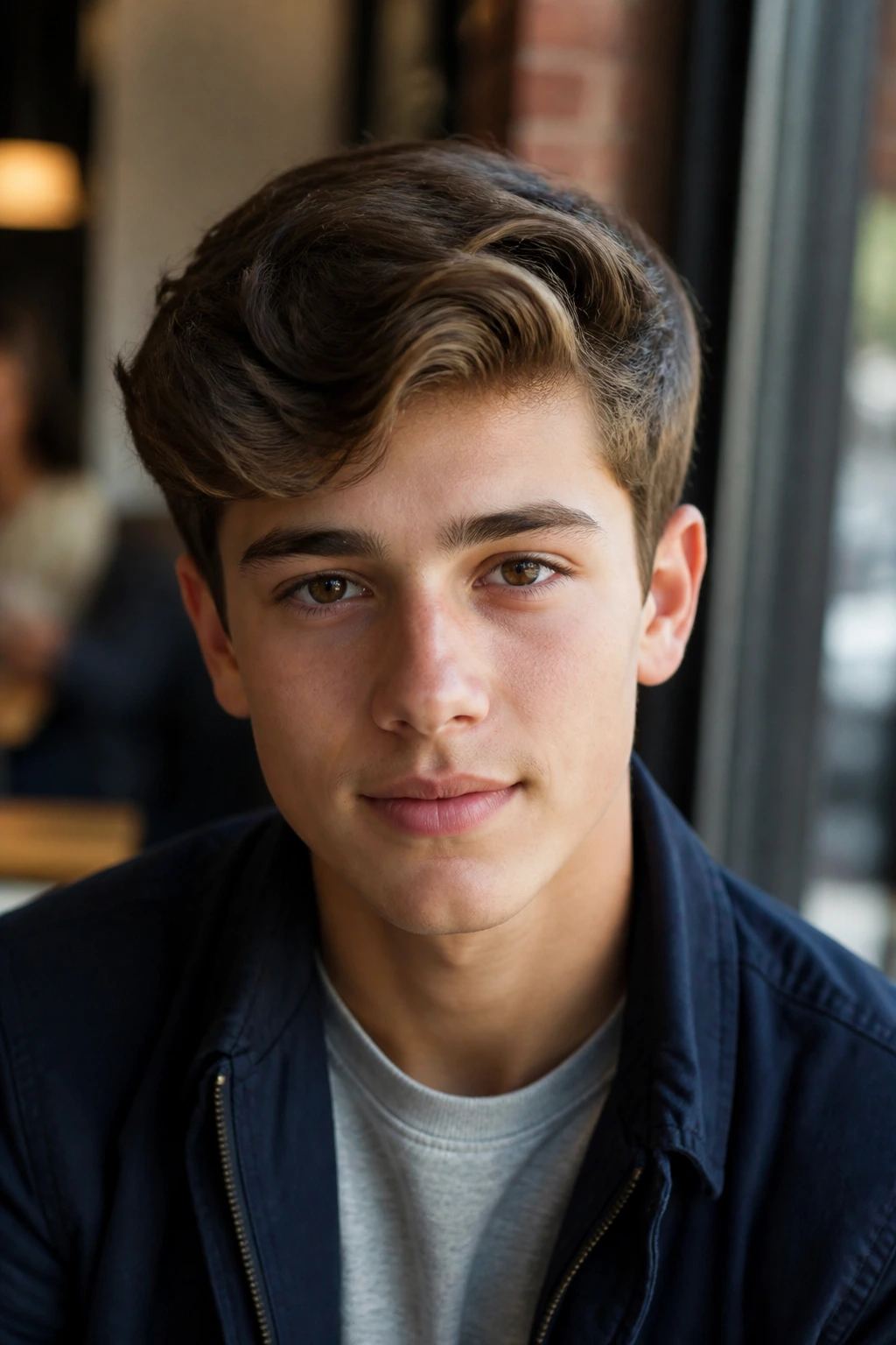 Close-up of a real boy with side-swept Ivy League hairstyle in a bright room