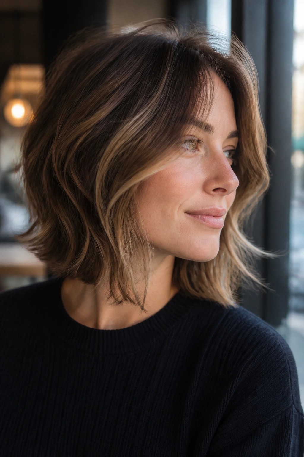 Portrait of a real person with J-Curve Lob Shag showing the curved front lob.