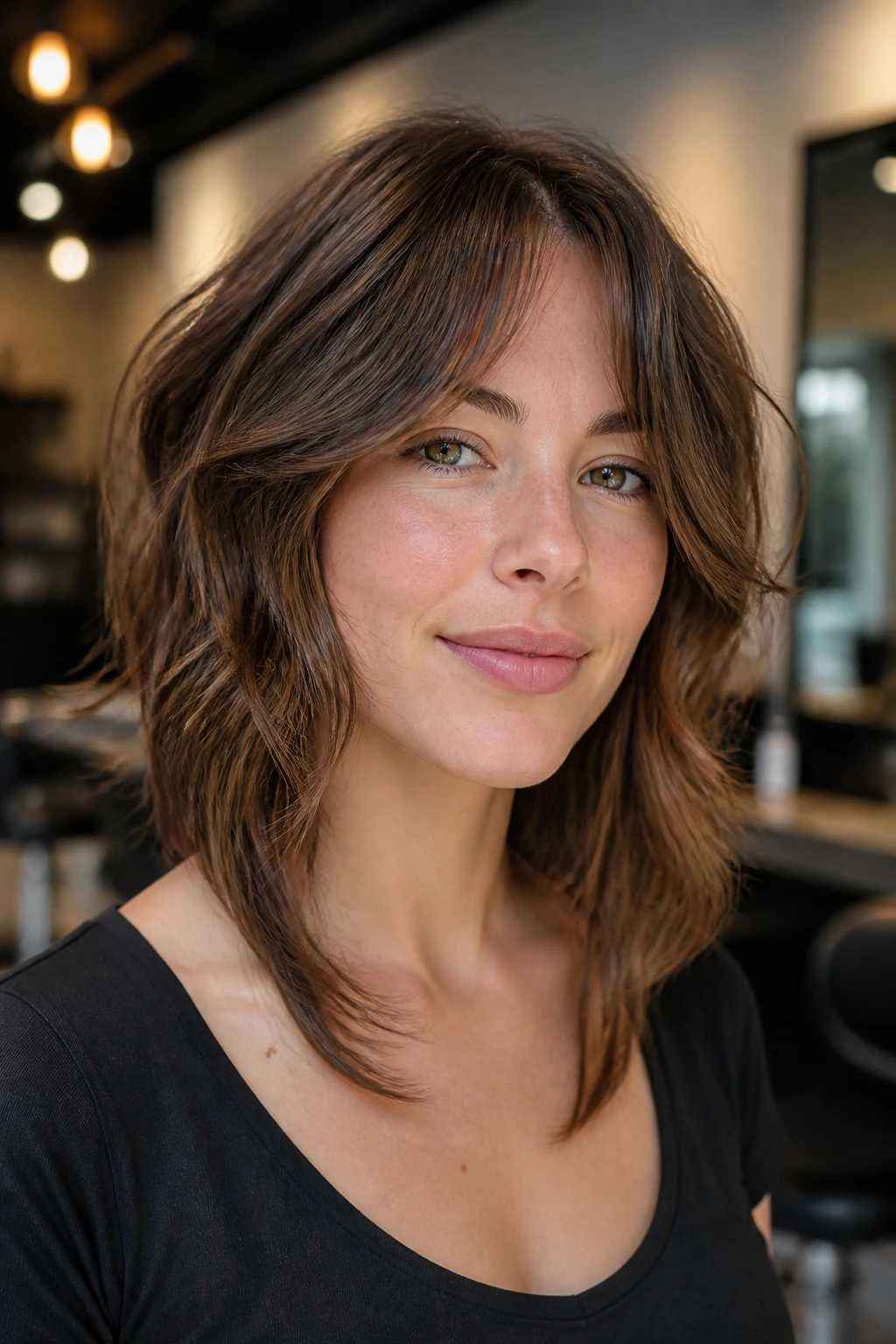Close-up portrait of a real woman with J-cut shag chin-length pieces