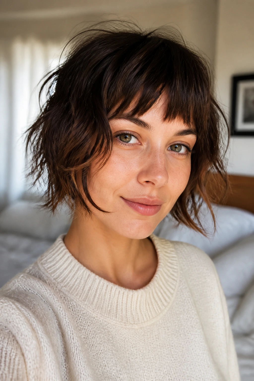 Close-up of a real woman with jagged fringe and bedhead texture