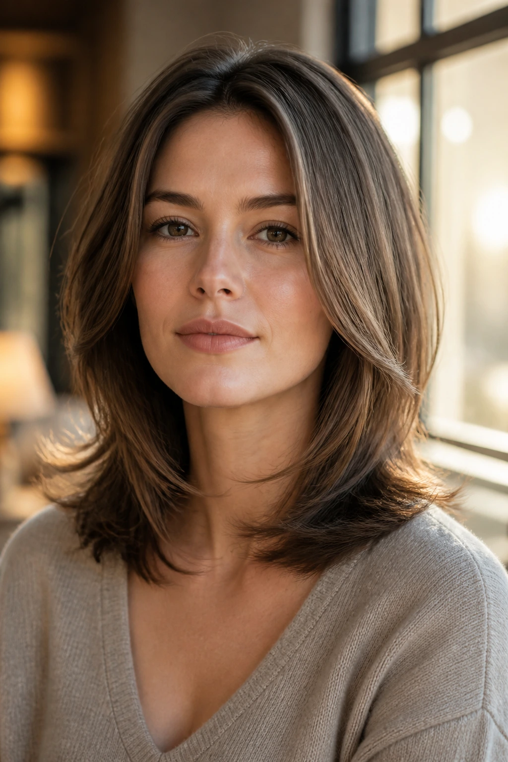 Portrait of a person with jaw-length blended layers framing the lower face