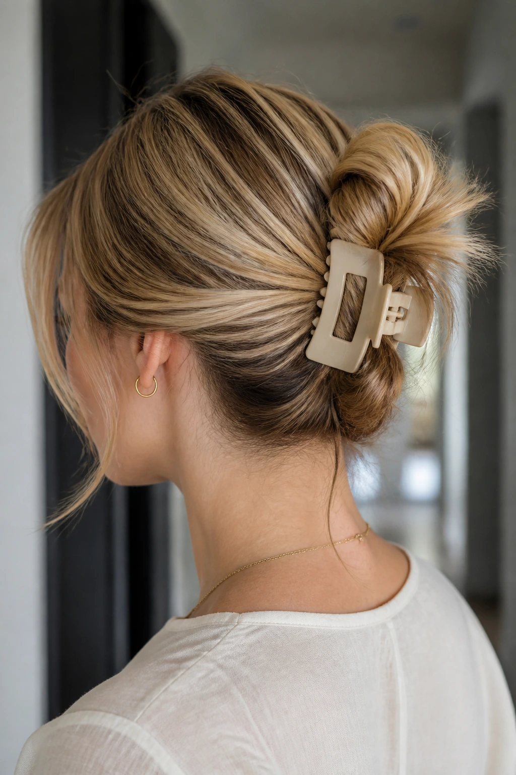 Close-up of a real woman with a jaw-clip twist and ends out.