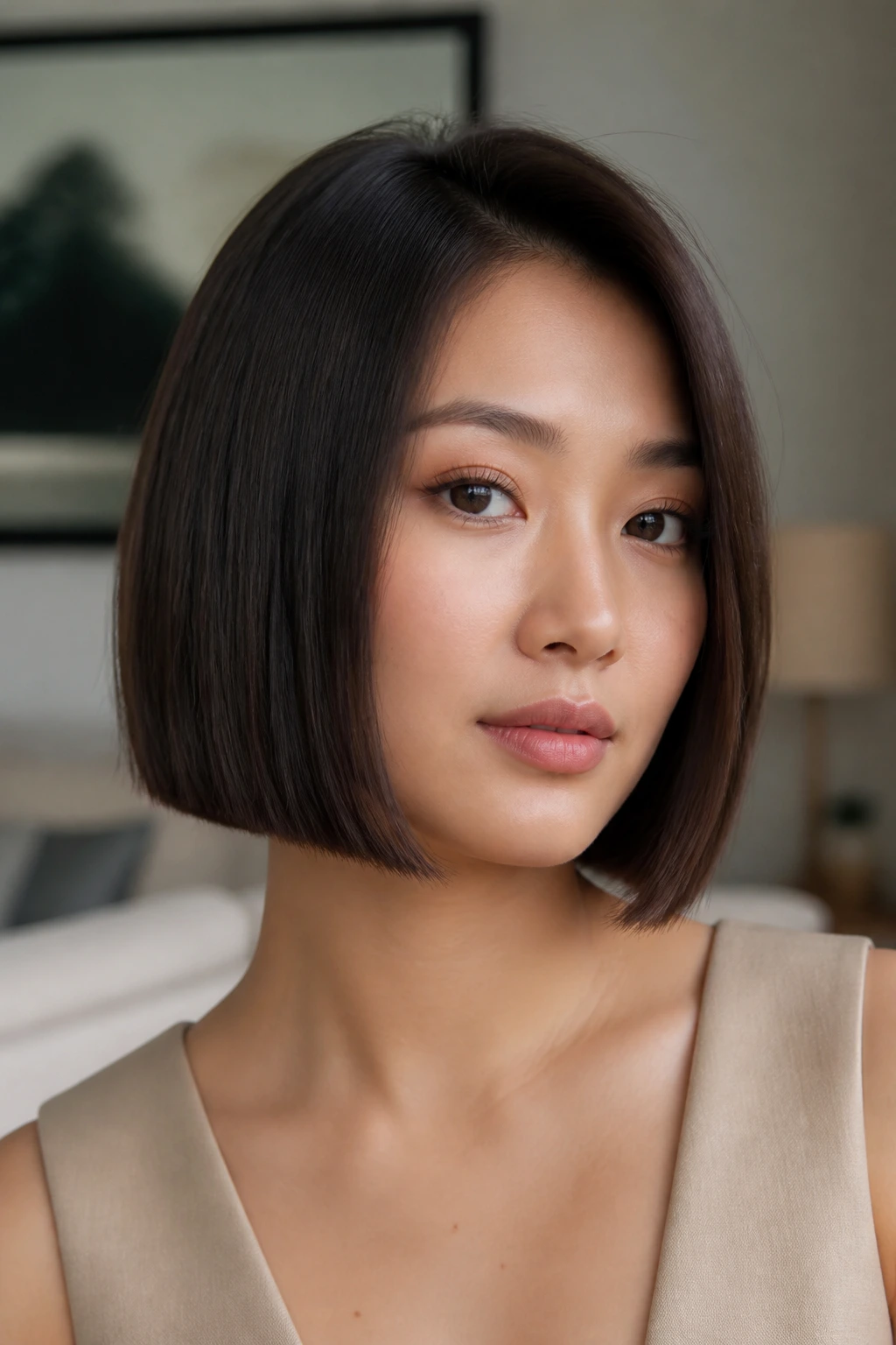 Close-up of a real woman with a jaw-grazing blunt bob showing crisp ends