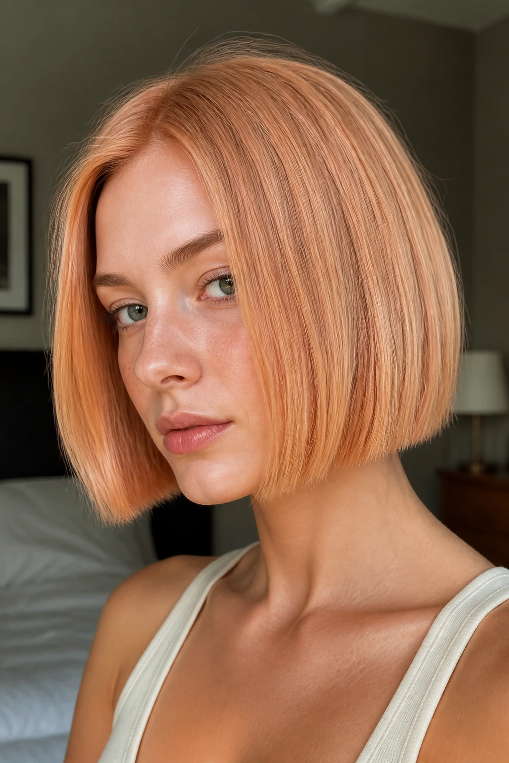 Close-up of a real person with a jaw-grazing blunt strawberry blonde bob in warm bedroom light.
