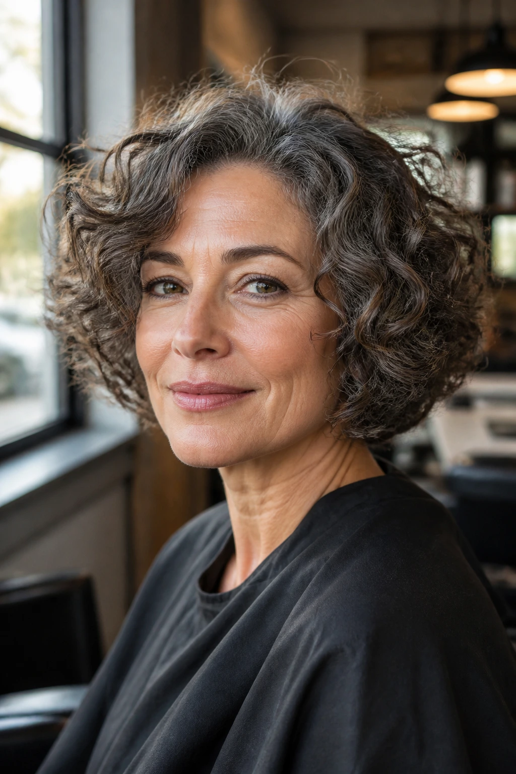 Close-up of a real woman with a jaw-length layered curly bob