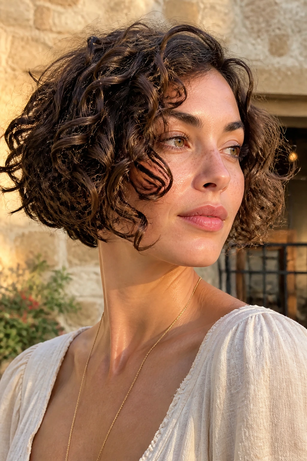 Real woman with jaw-length inverted bob and springy ringlets outdoors