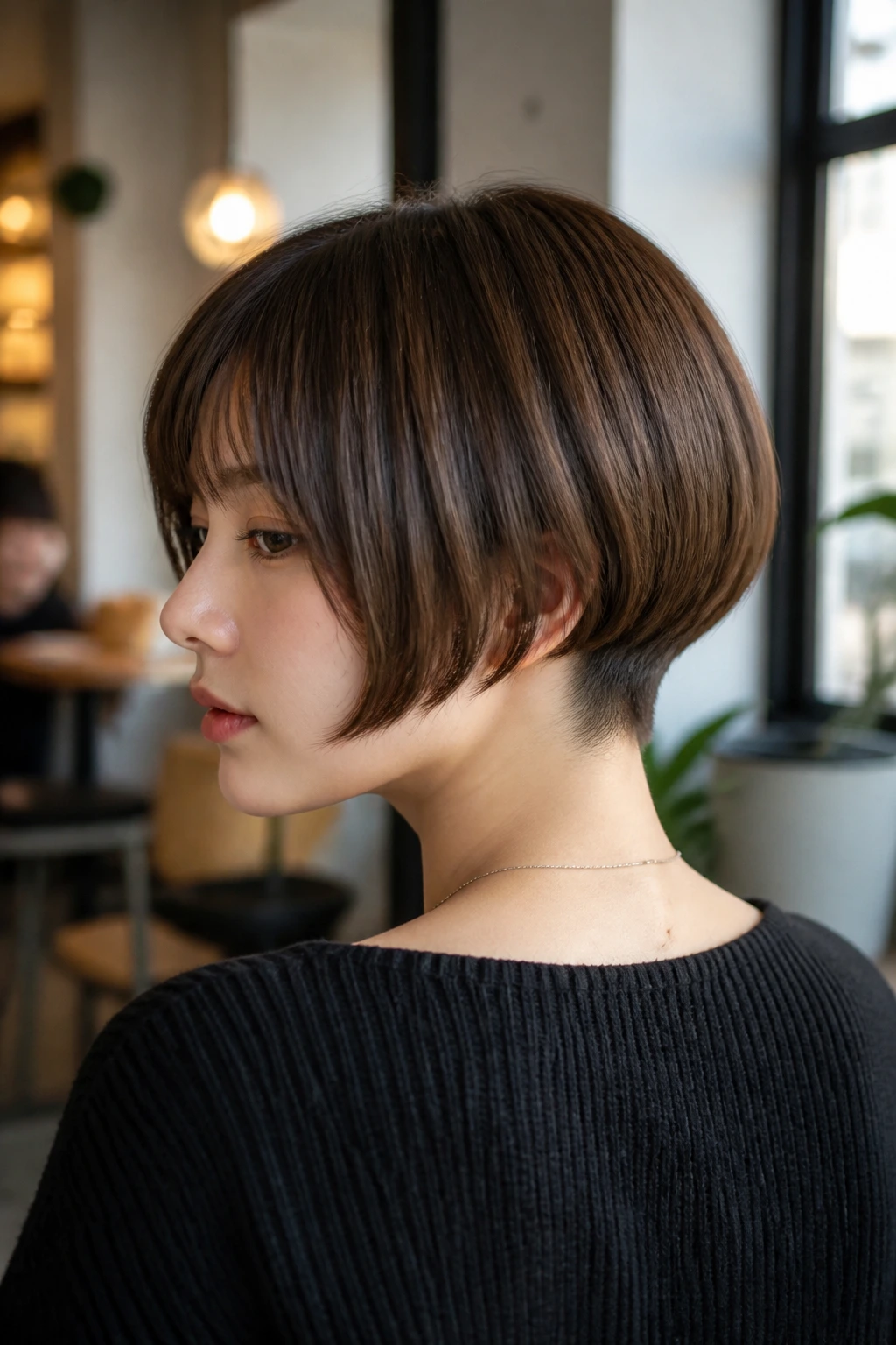Portrait of a real woman showing a jaw-grazing bowl with a tapered nape from a slight rear profile