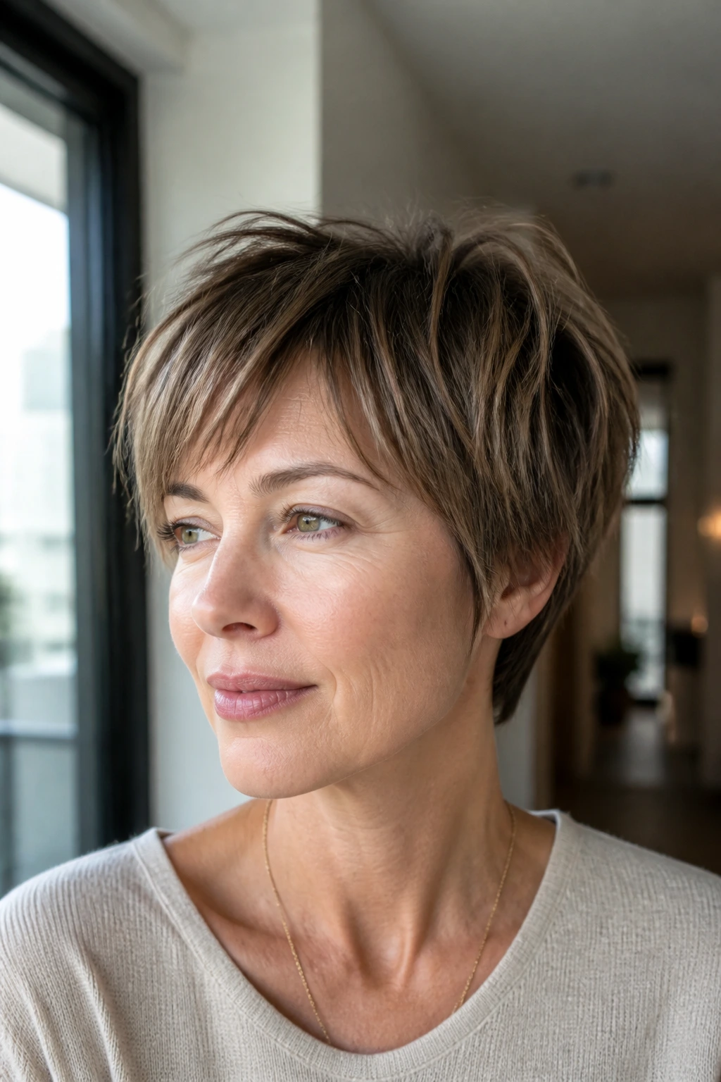 Close-up of a real woman with a jaw-grazing crop and piecey top