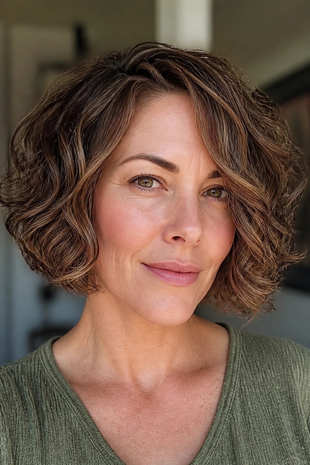 Close-up of a real woman with a jaw-grazing curly bob and sliced ends