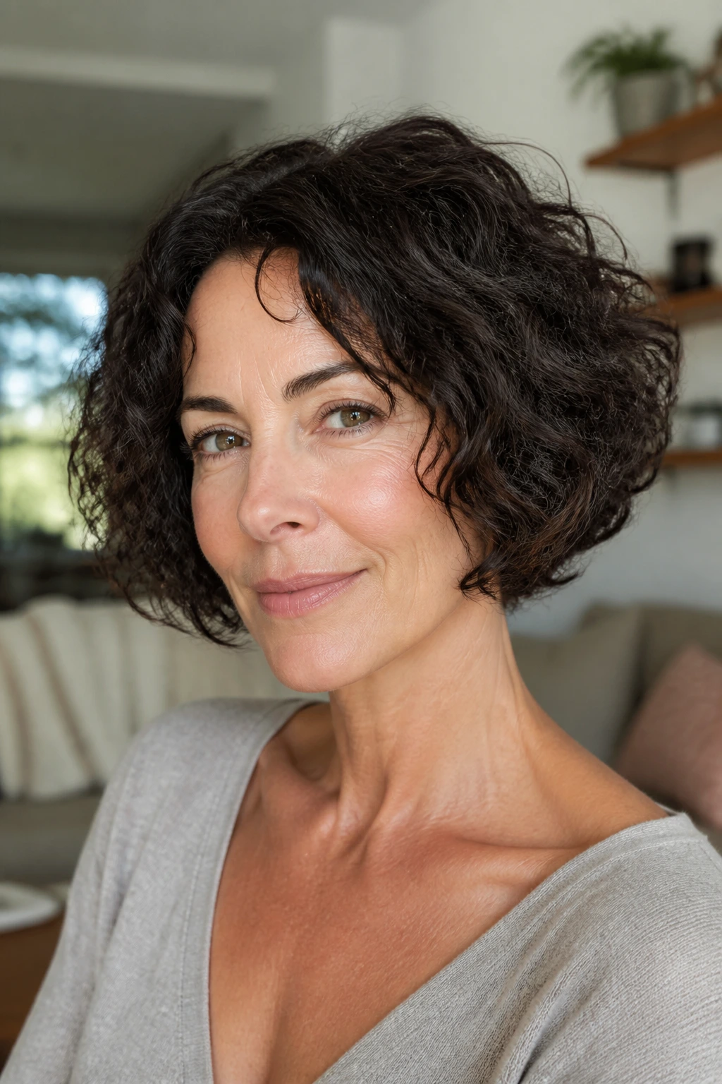 Close-up of a real woman with a jaw-length curly bob under soft window light