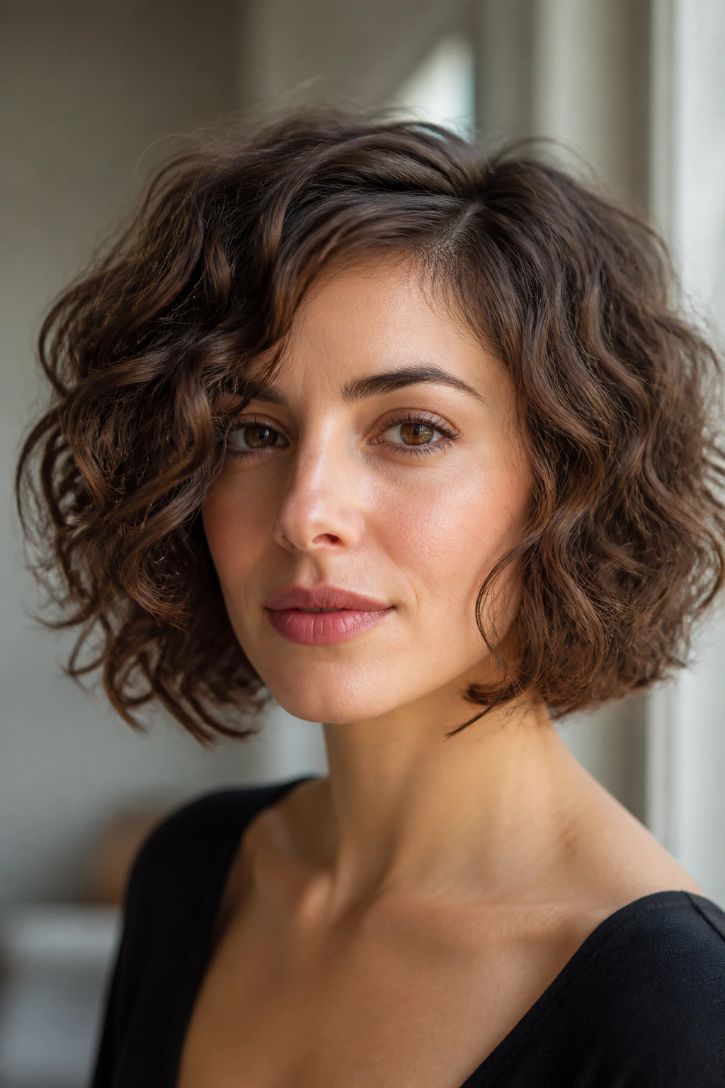 Close-up of a real woman's jaw-grazing curly bob with a soft side part