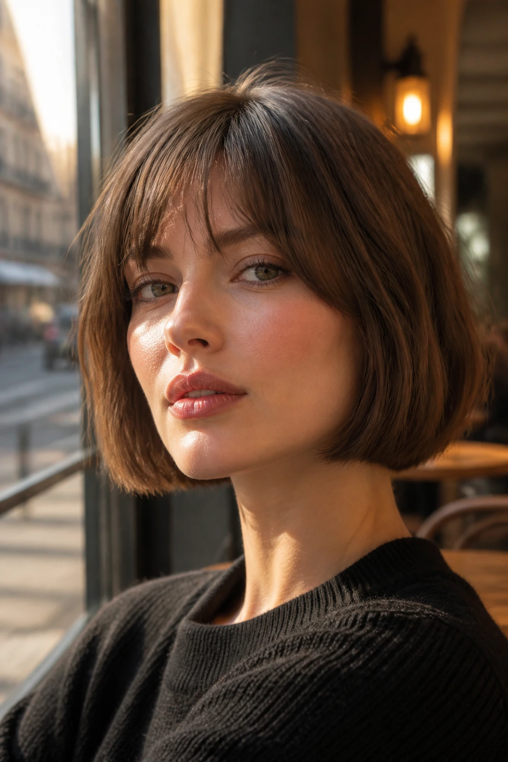 Portrait of a woman with a jaw-grazing French bob in golden-hour light
