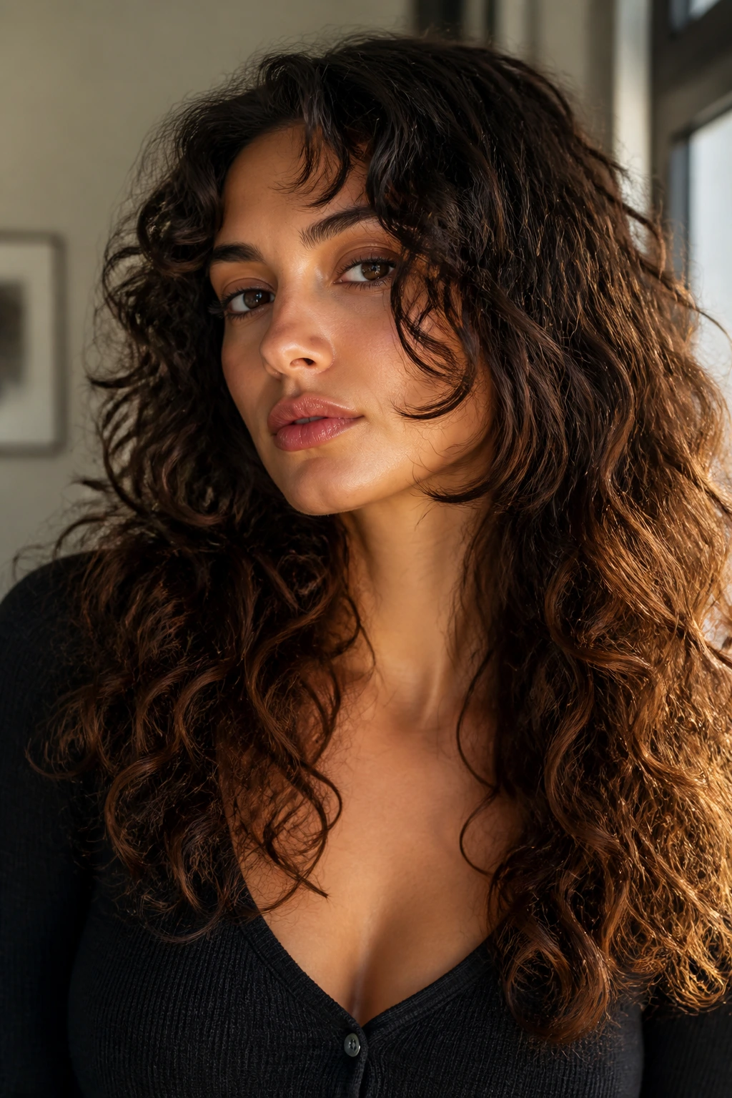 Close-up of a real woman with jaw-grazing front panels in long curls
