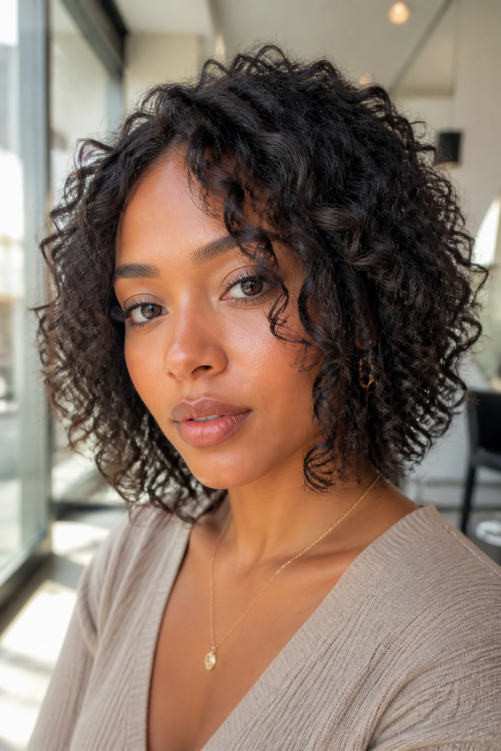 Close-up portrait of a real woman with a jaw-grazing layered cut and soft front layers