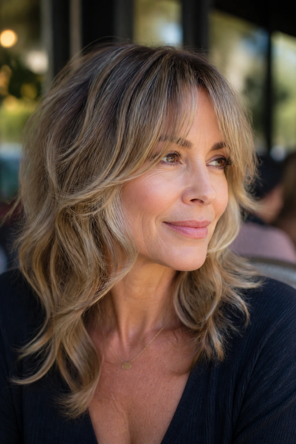 Close-up of a real woman with jaw-grazing front layers blending into bangs in outdoor light