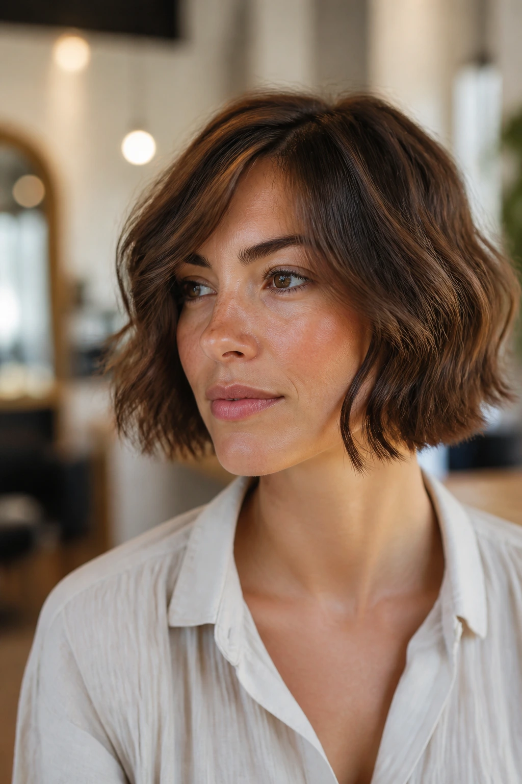Close-up of a real woman with a jaw-length wavy bob highlighting jaw framing and soft waves.