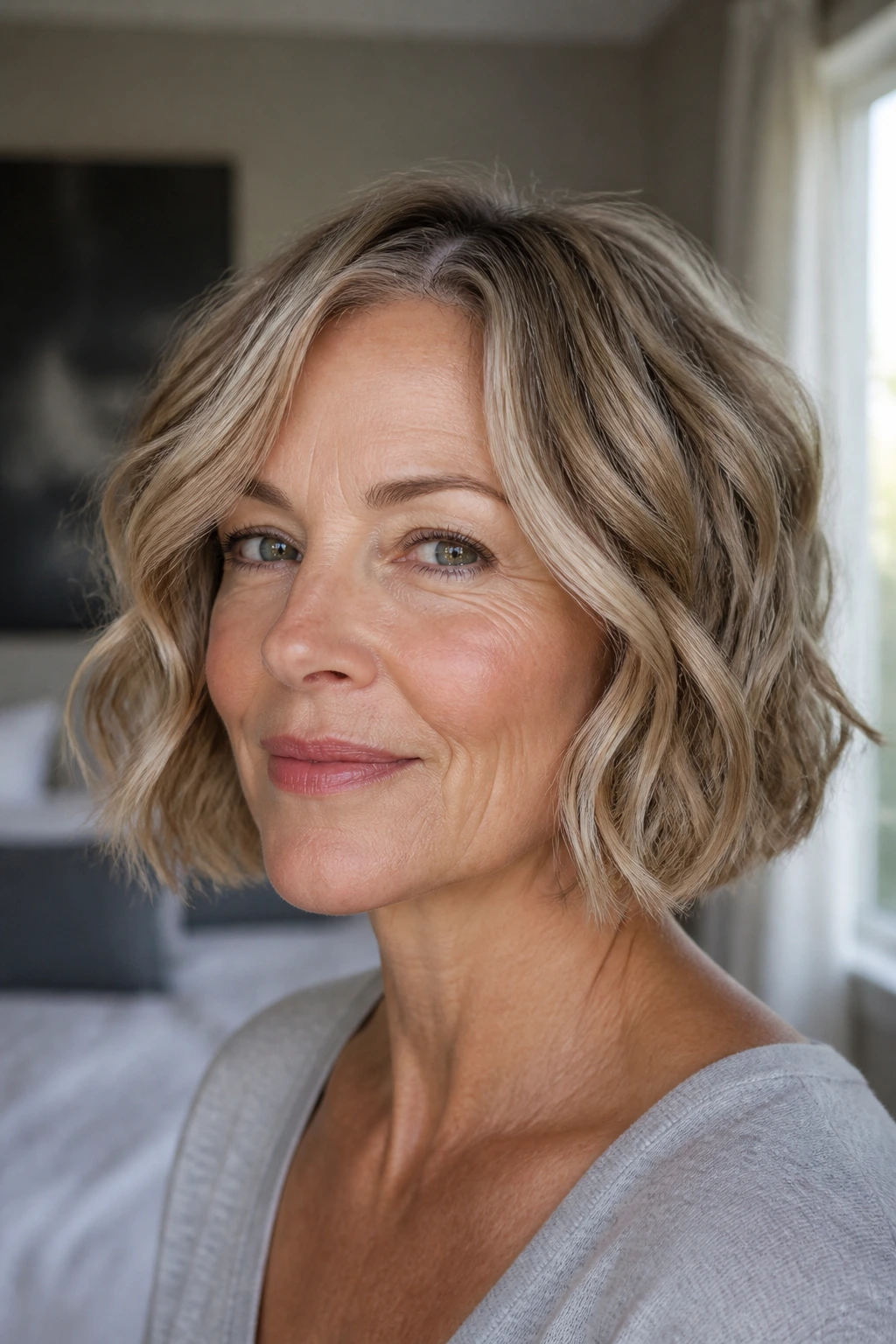 Close-up portrait of a real woman with a jaw-grazing wavy bob framing her jawline