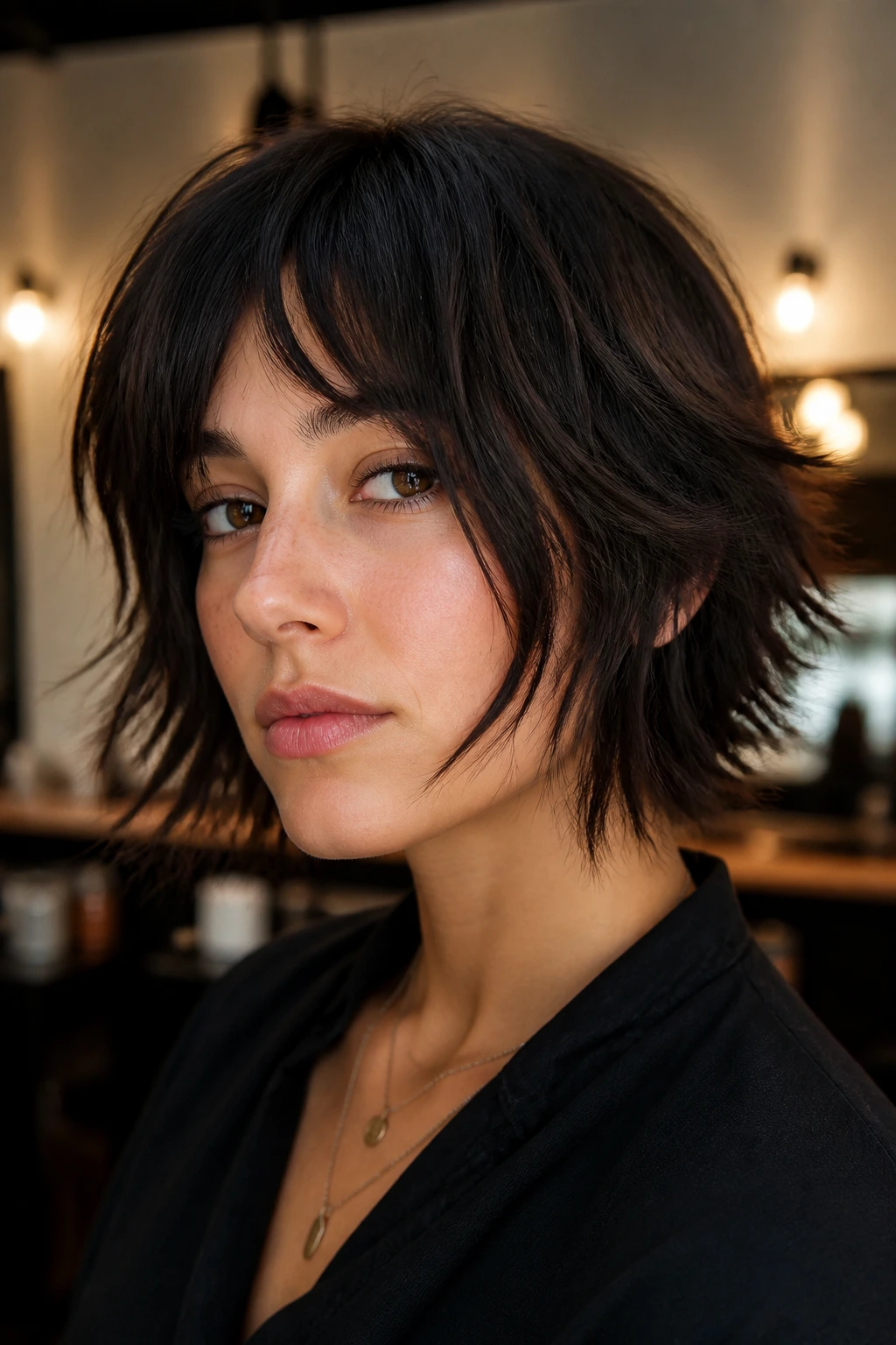 Close-up portrait of a real person with jaw-grazing wolf cut and piecey ends