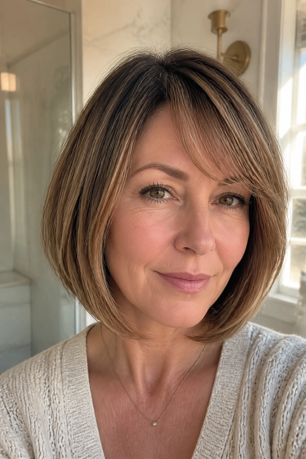Close-up portrait of a real woman with a jaw-hugging curved lob hairstyle.