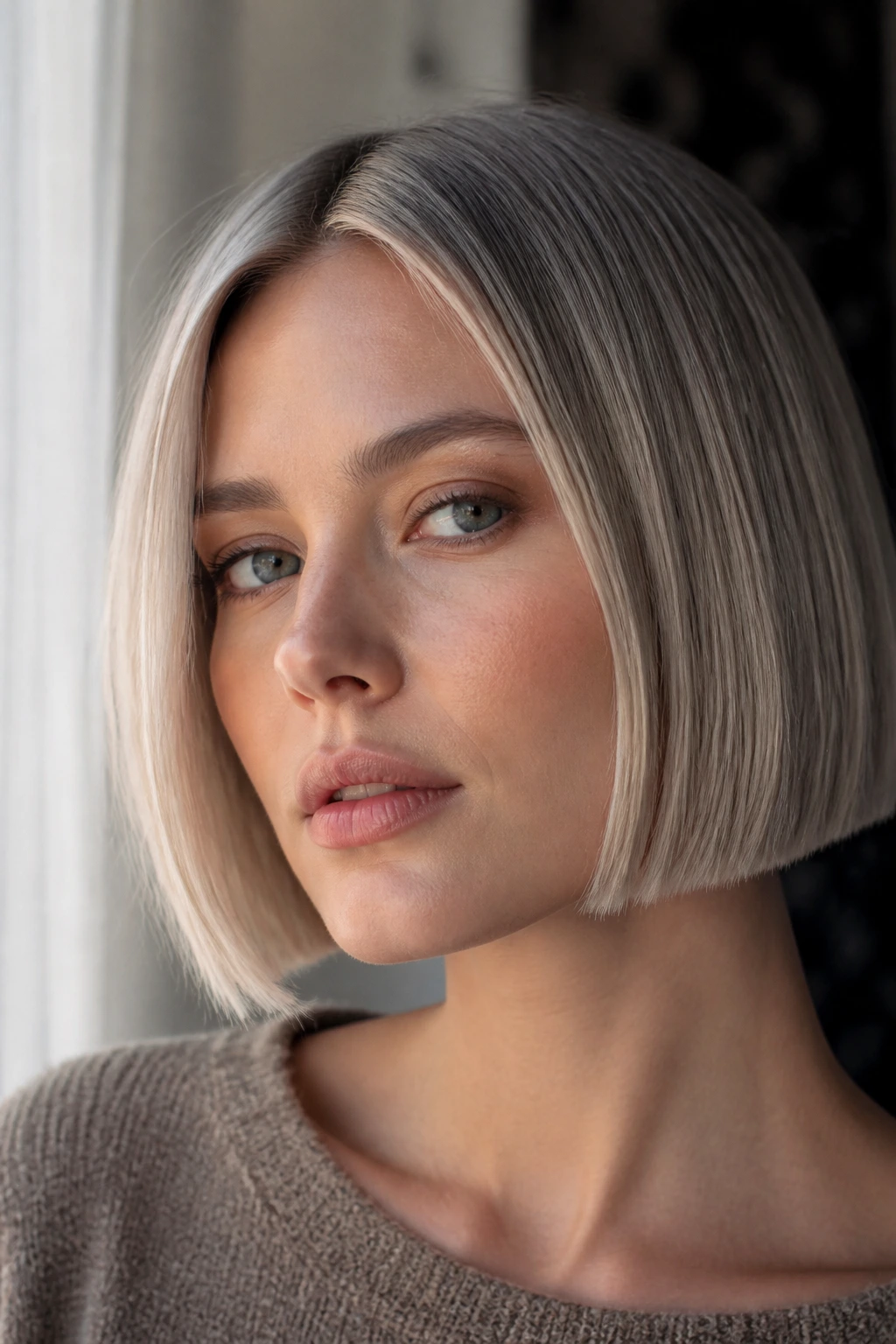 Portrait of a real woman with a jaw-length blunt bob in steel blonde