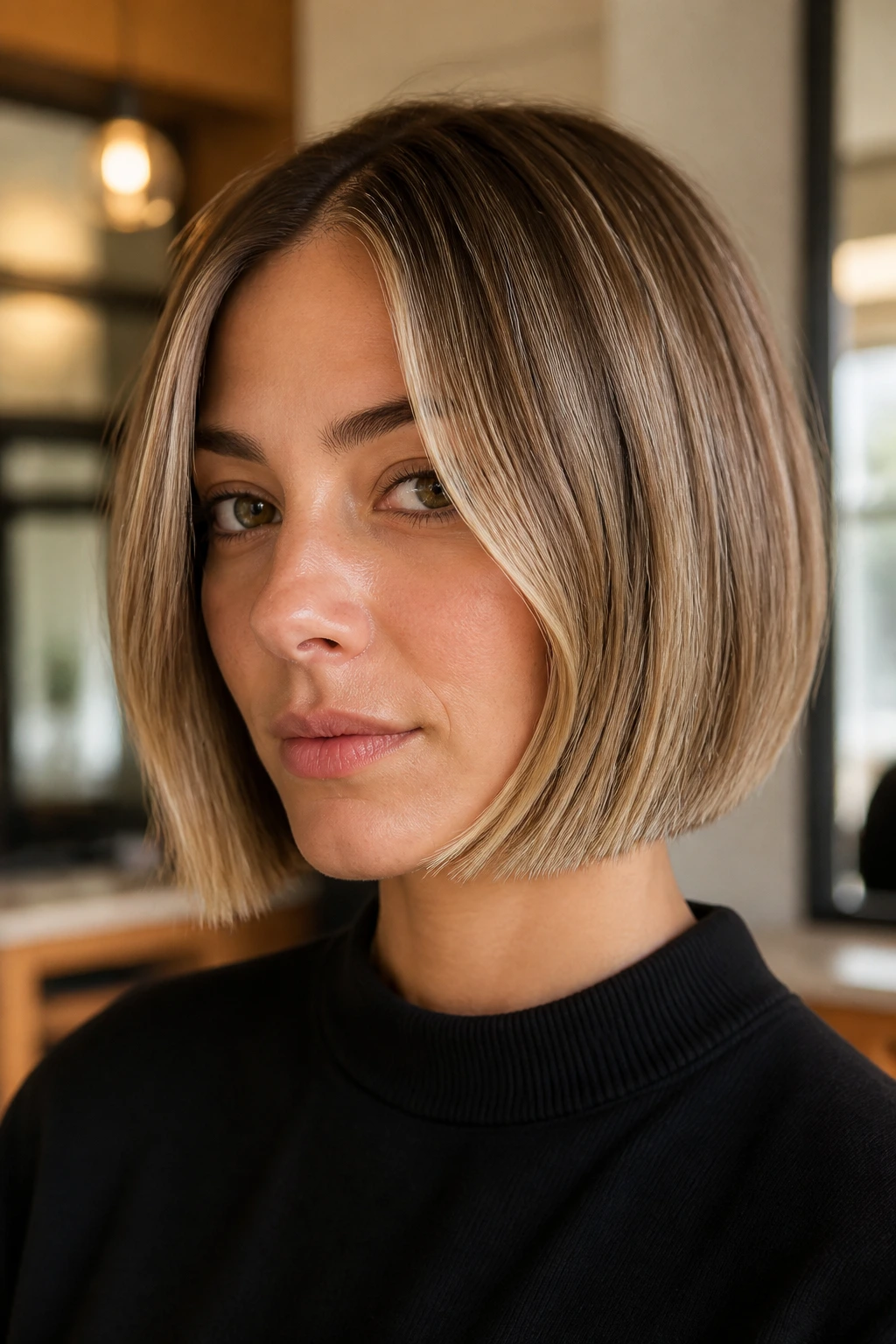 Close-up of jaw-length blunt bob with beige babylights framing the face