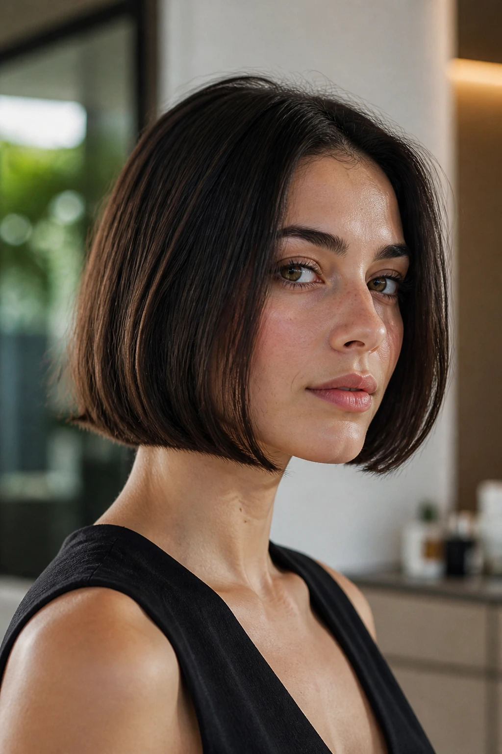 Real woman with a jaw-length blunt bob and crisp edge