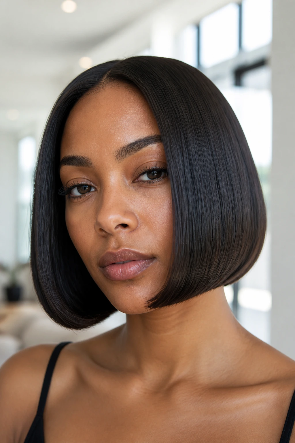 Close-up of real woman with jaw-length blunt bob in bright interior