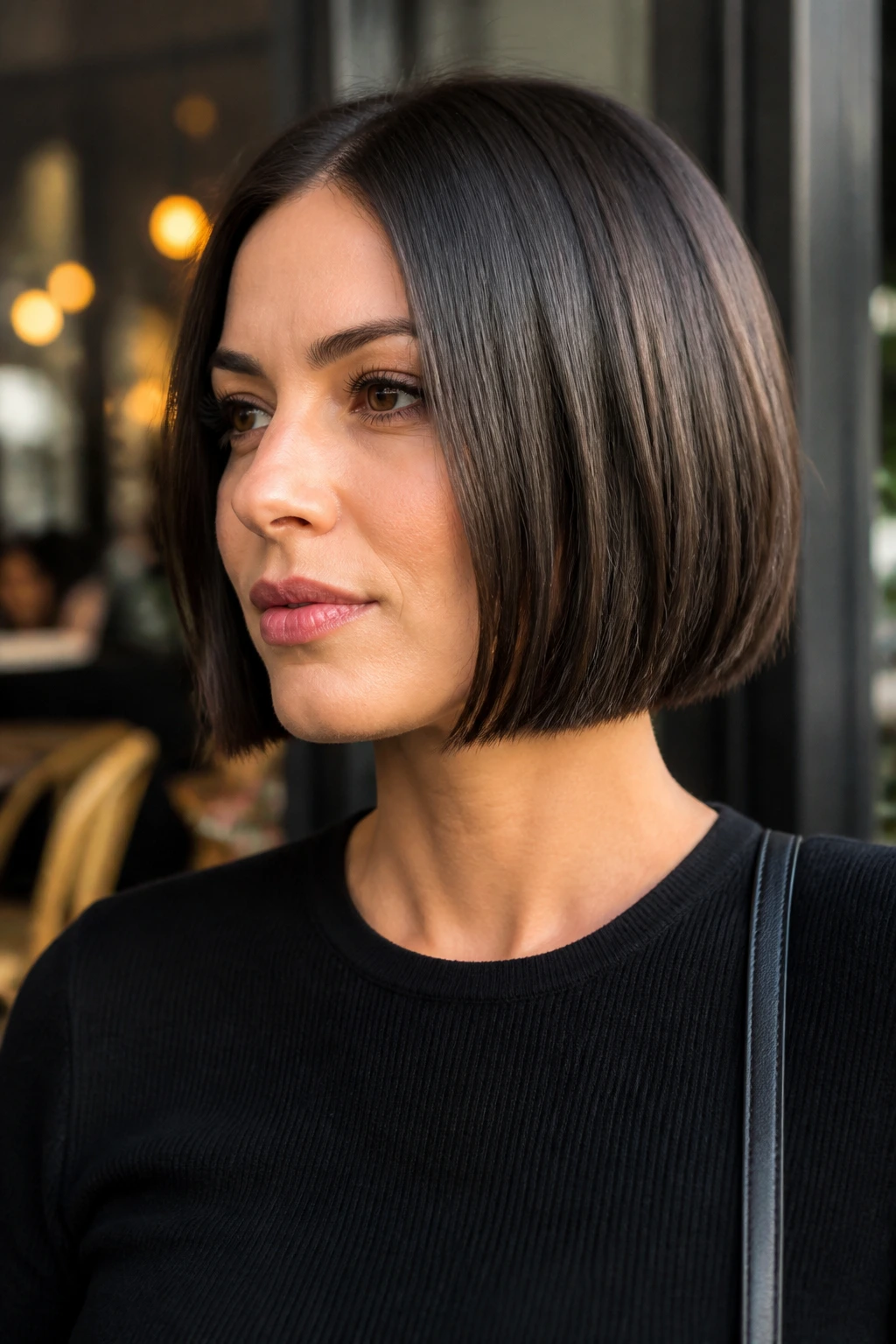 Close-up of a real woman with a jaw-length blunt bob in urban cafe lighting