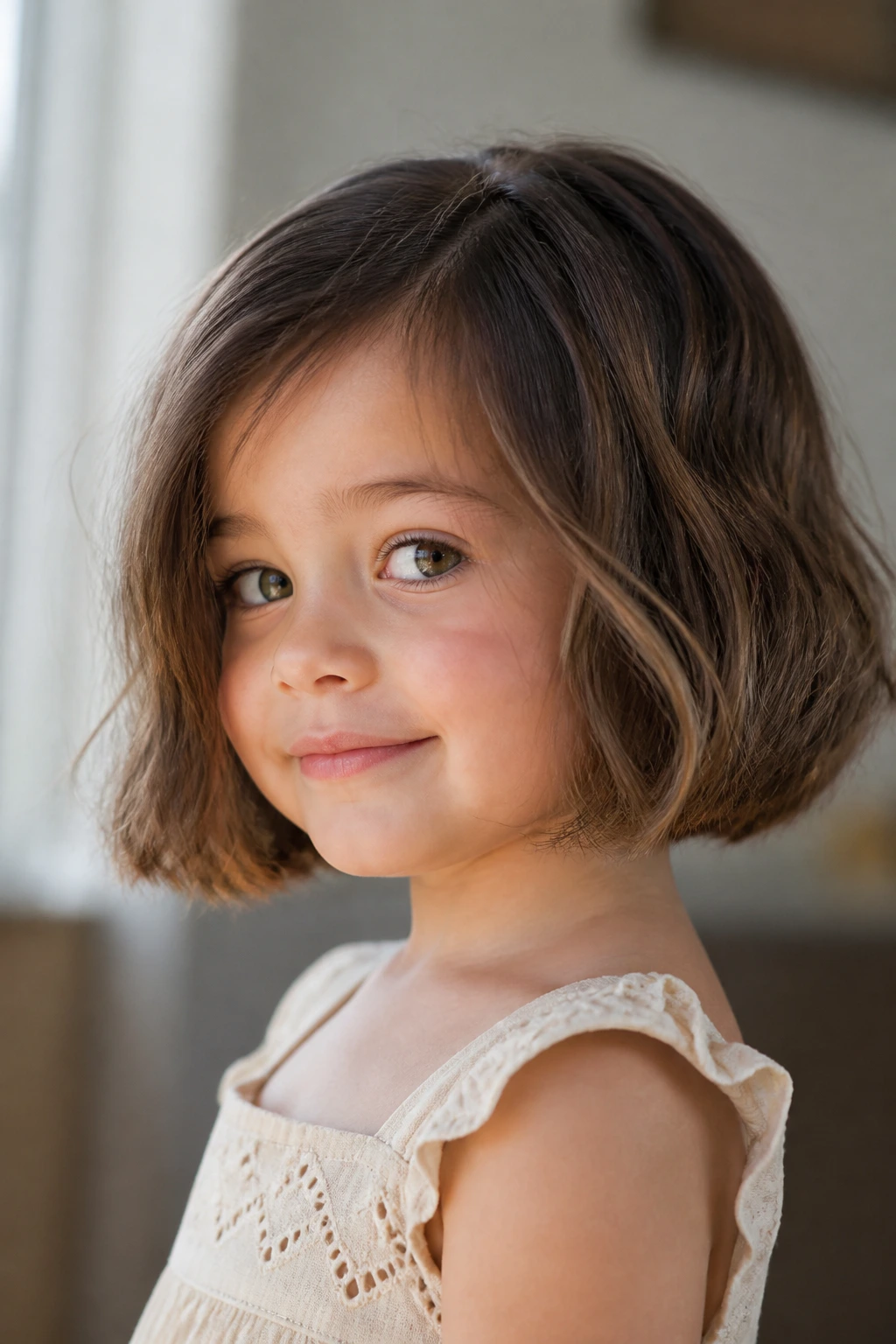 Close-up of toddler with jaw-length blunt bob and soft ends