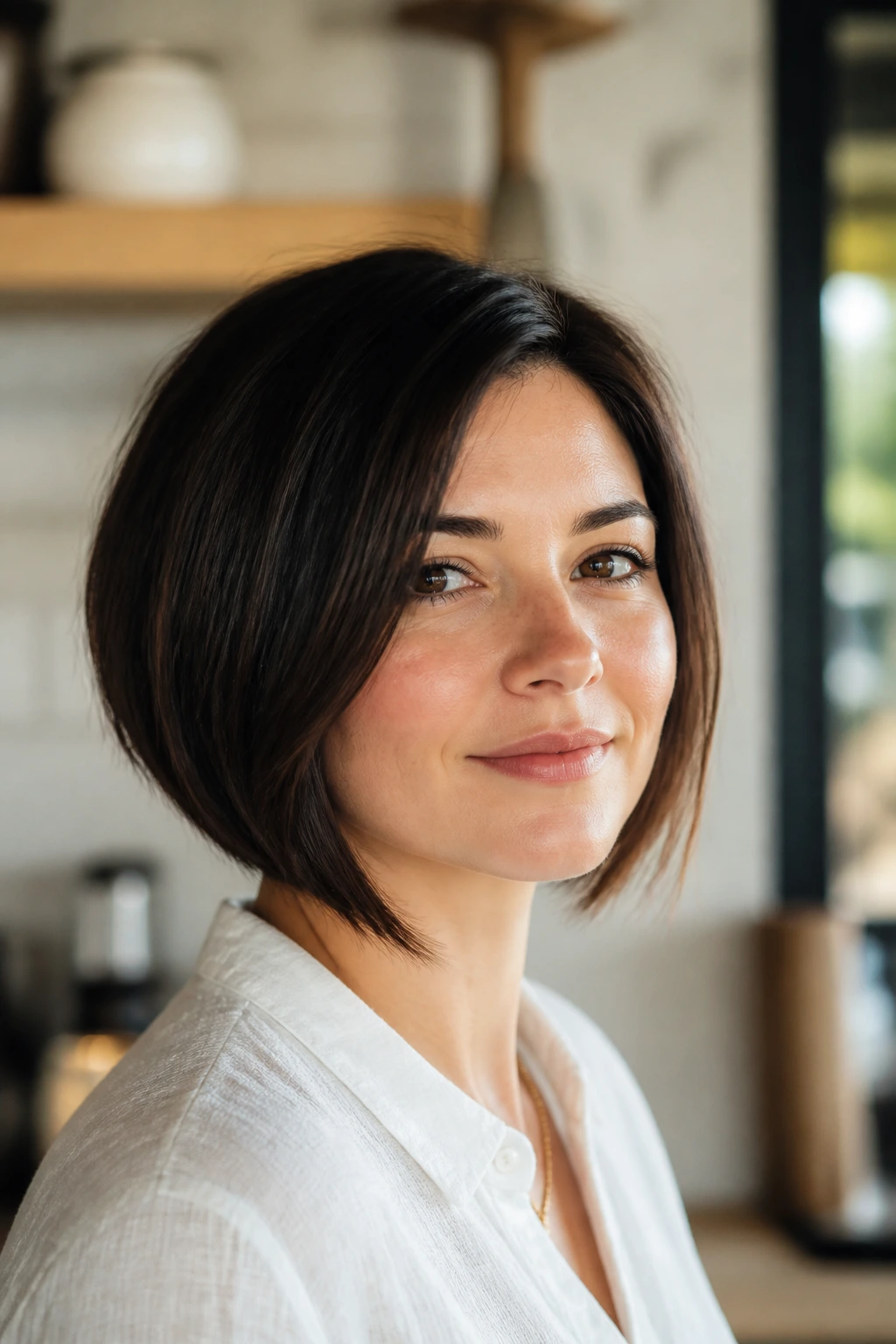 Real person with jaw-length A-line bob in modern kitchen