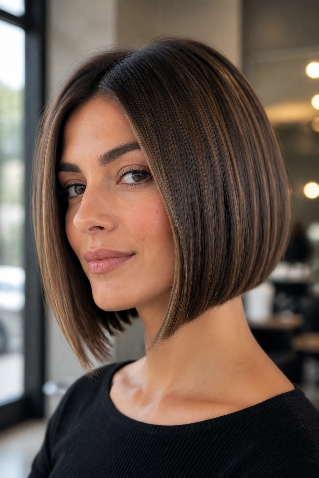 Close-up of a real person with a jaw-length blunt bob featuring longer front pieces and bold framing