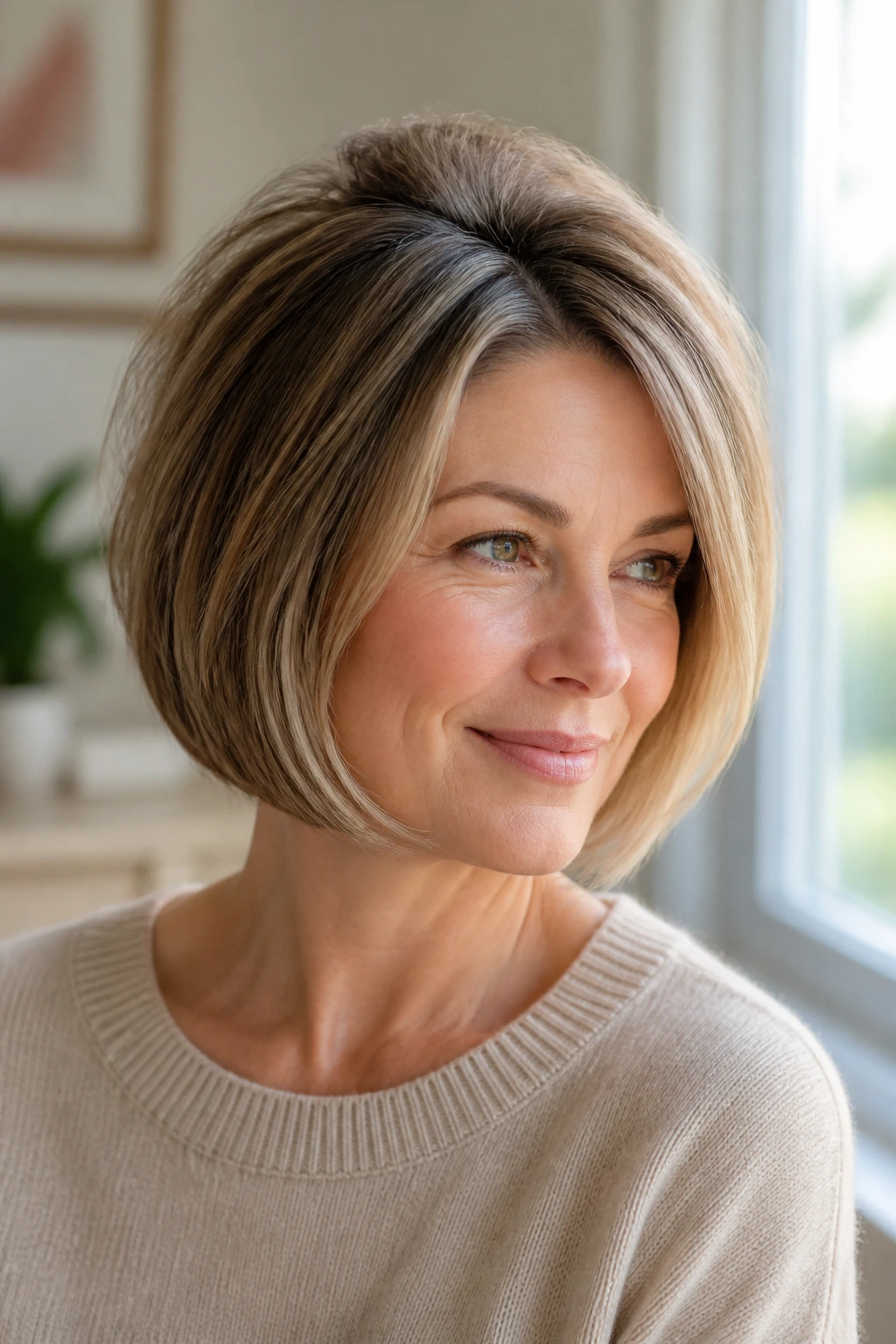 Close-up portrait of a real woman with a jaw-length bob and crown volume, warm window light