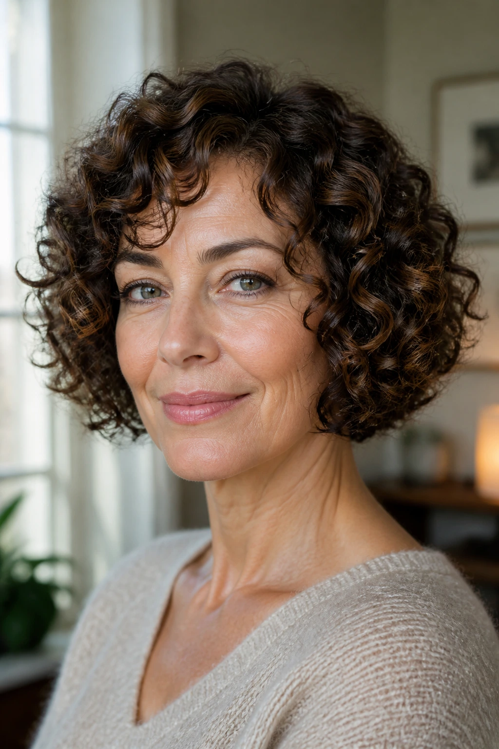 Close-up of a real woman with a jaw-length bob and springy spiral curls in warm window light