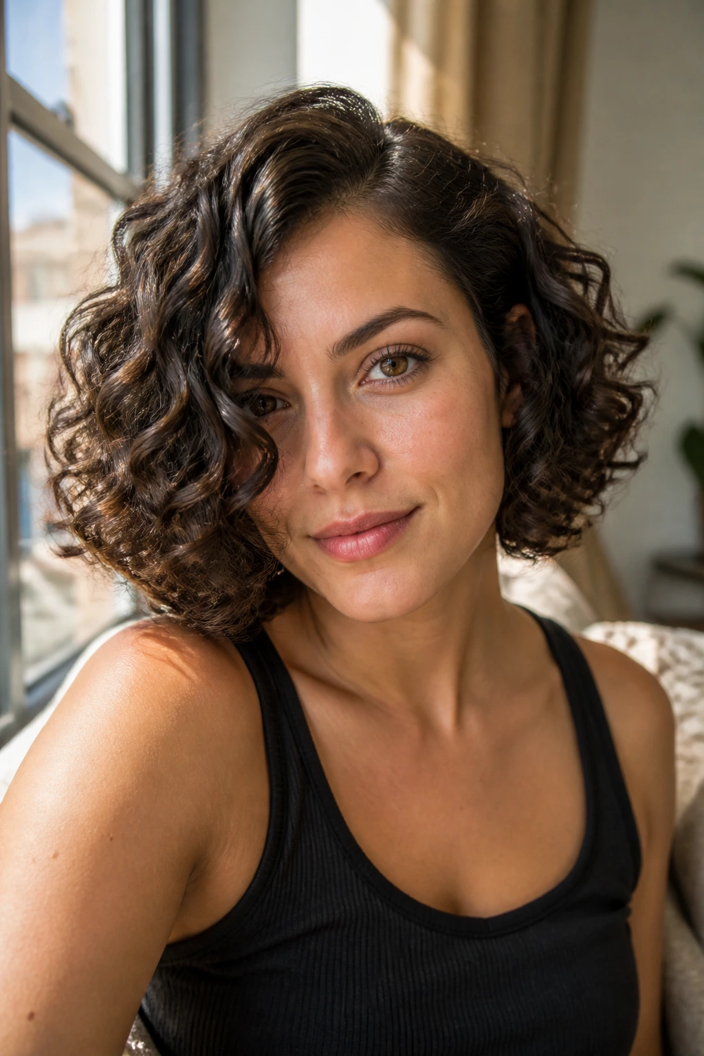 Close-up portrait of a real woman with a jaw-length curly bob and a deep side part.