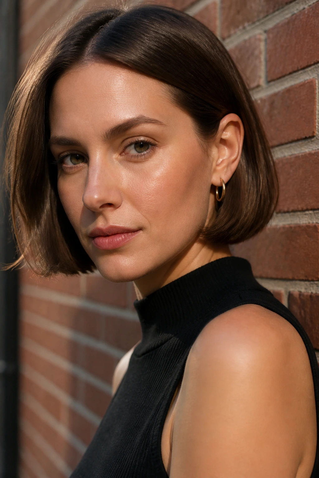 Close-up of a real woman with an ear-tucked jaw-length bob