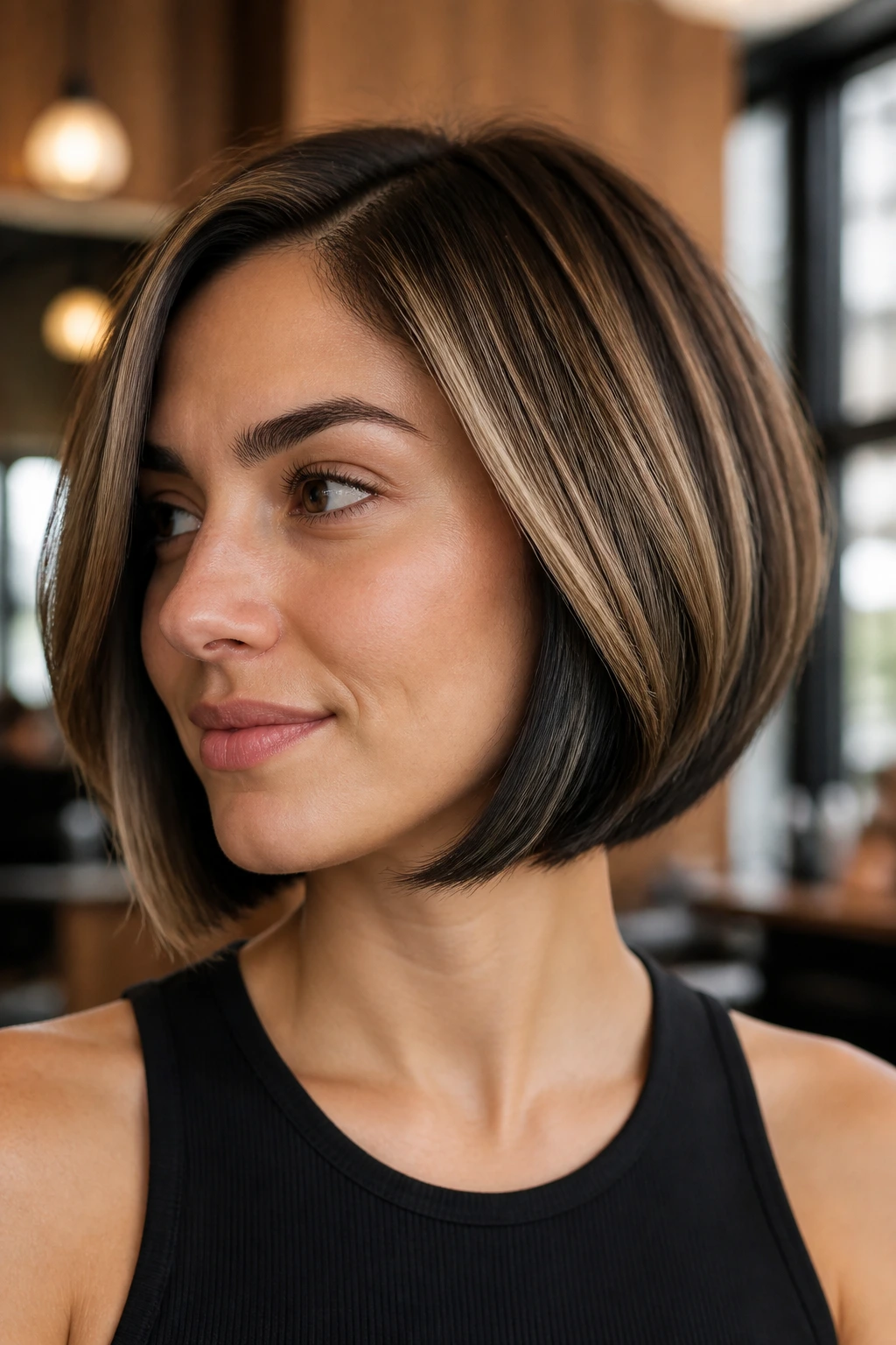 Close-up of a real woman with a jaw-length bob showing espresso underlights in a warm salon.