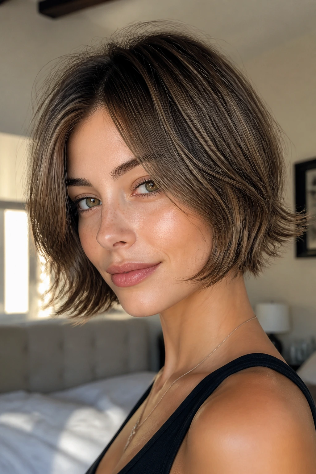 Close-up of a real woman wearing a jaw-length choppy bob with flip ends in soft morning light