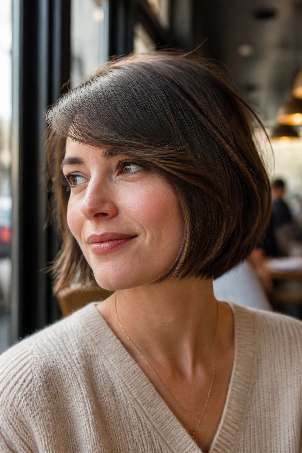 Real woman with a jaw-length bob and sweepy side fringe in a cafe setting.