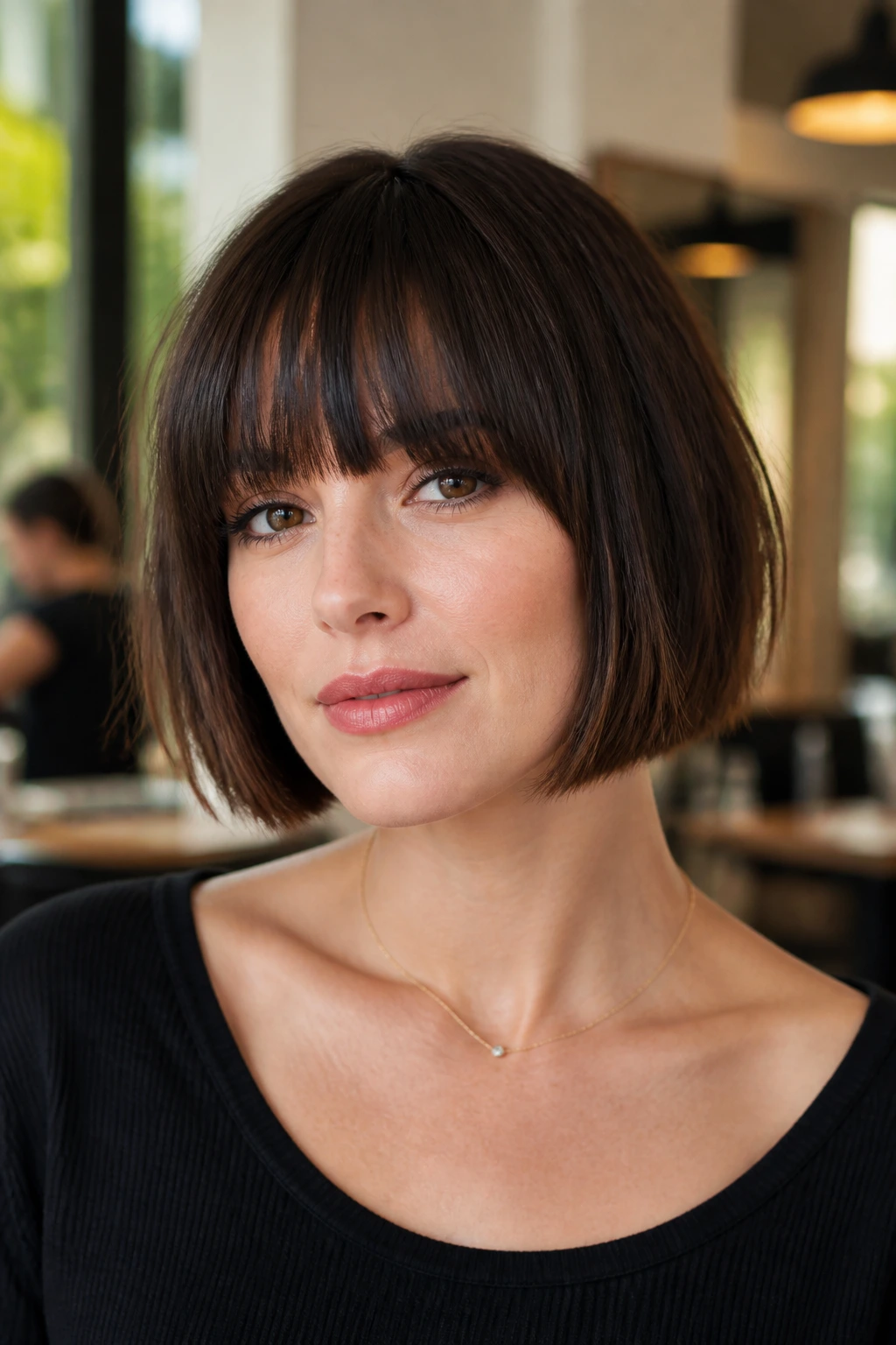 Close-up of a woman with a jaw-length bob and soft fringe in a warm salon.