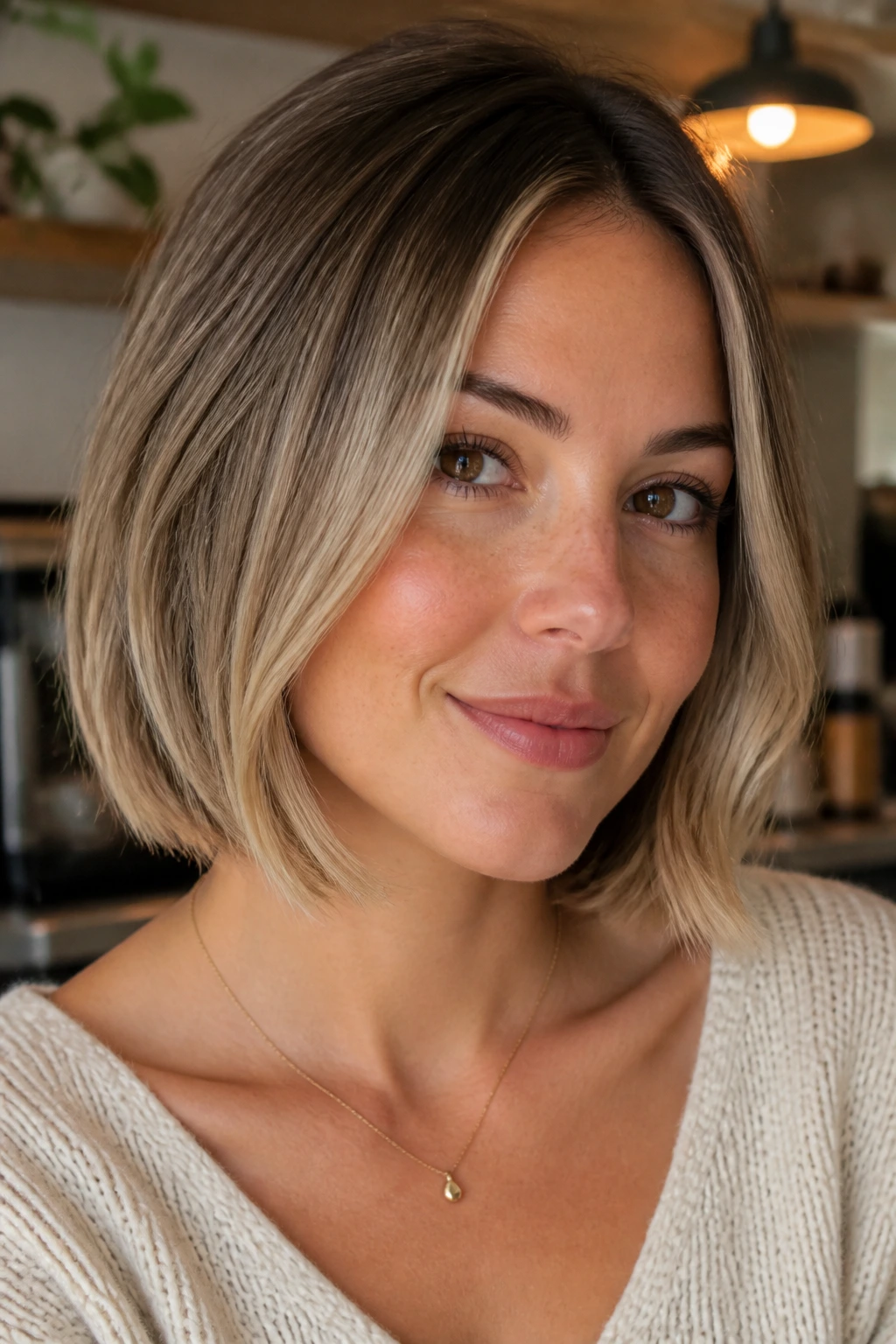 Portrait of a woman with jaw-length bob and gentle end bend