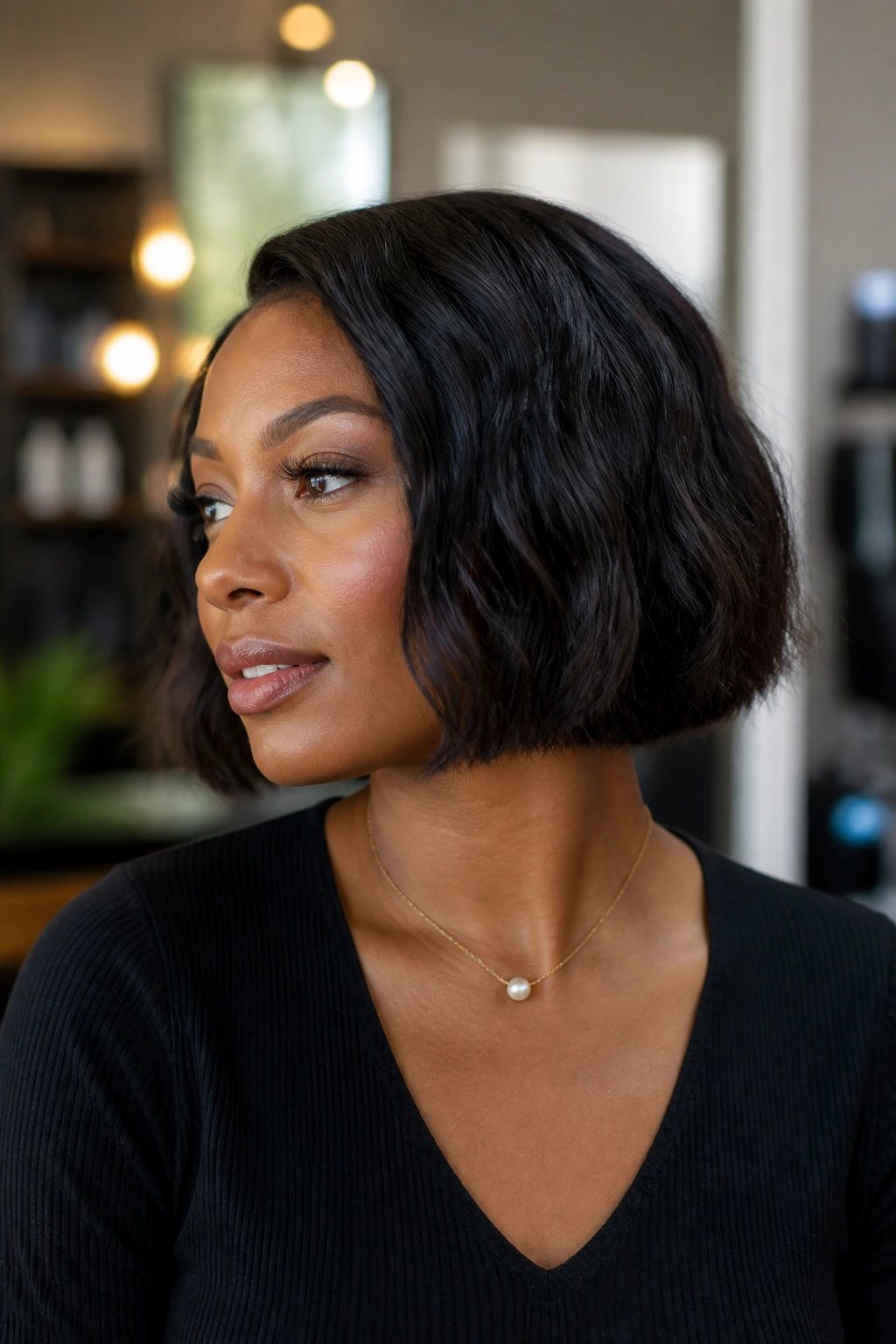Close-up portrait of a Black woman with jaw-length wavy bob in a salon