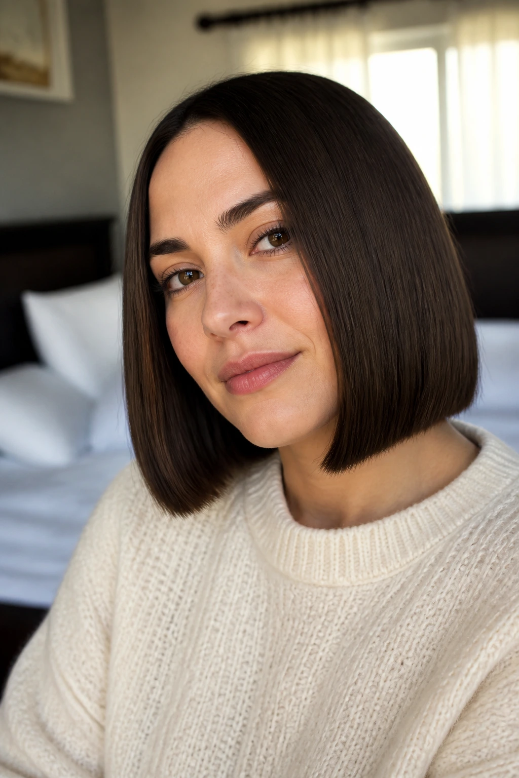 Close-up of a real woman with a jaw-length blunt bob showing crisp shape in natural window light