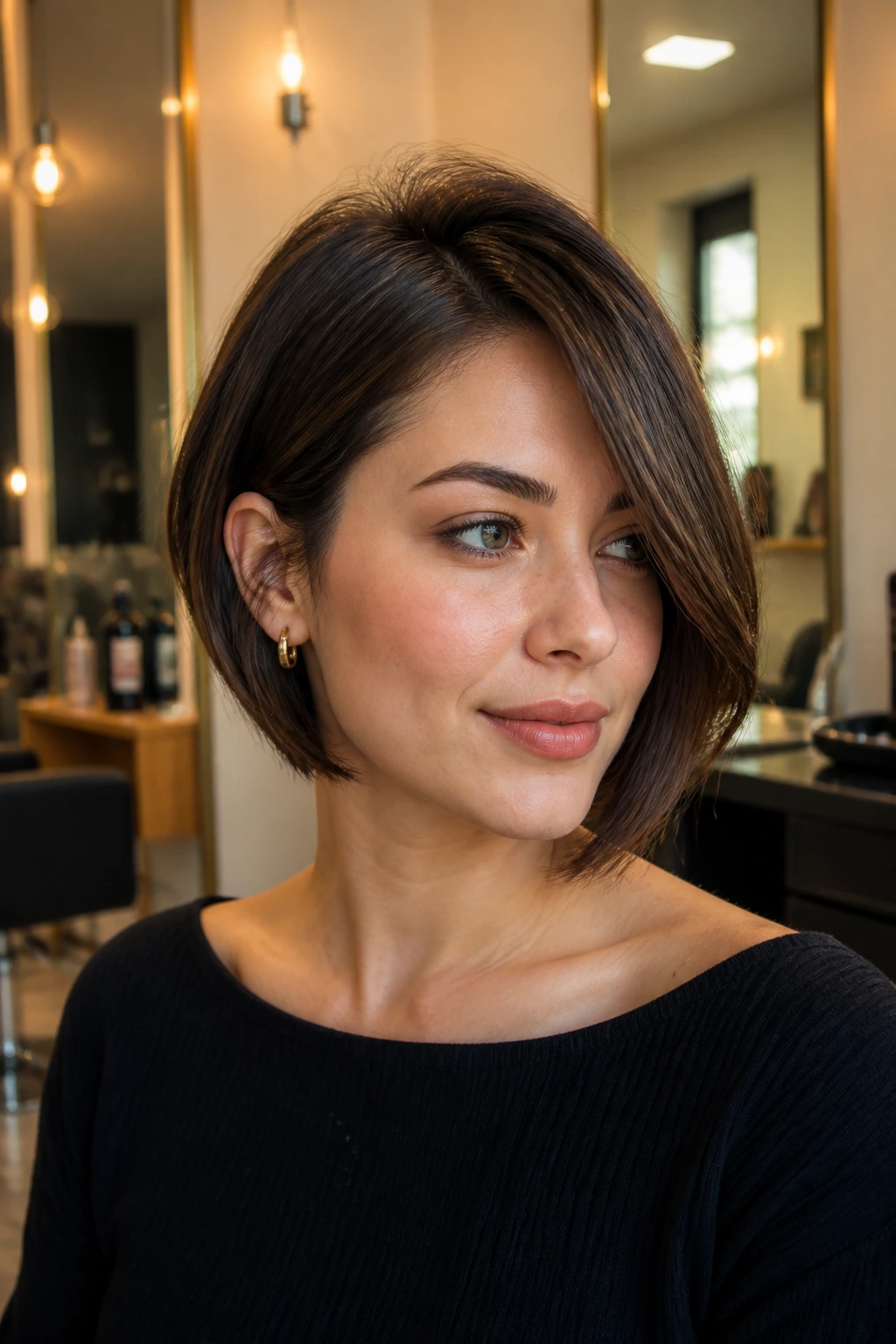 Close-up portrait of a woman in a salon chair with a side-parted jaw-length bob considering haircut options.