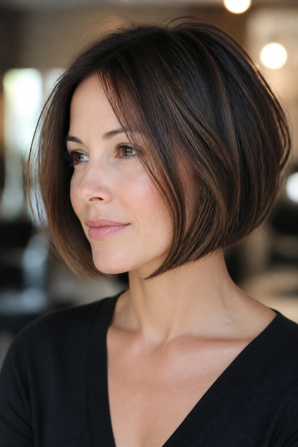 Real woman wearing a jaw-length bob with hidden interior layers in a salon