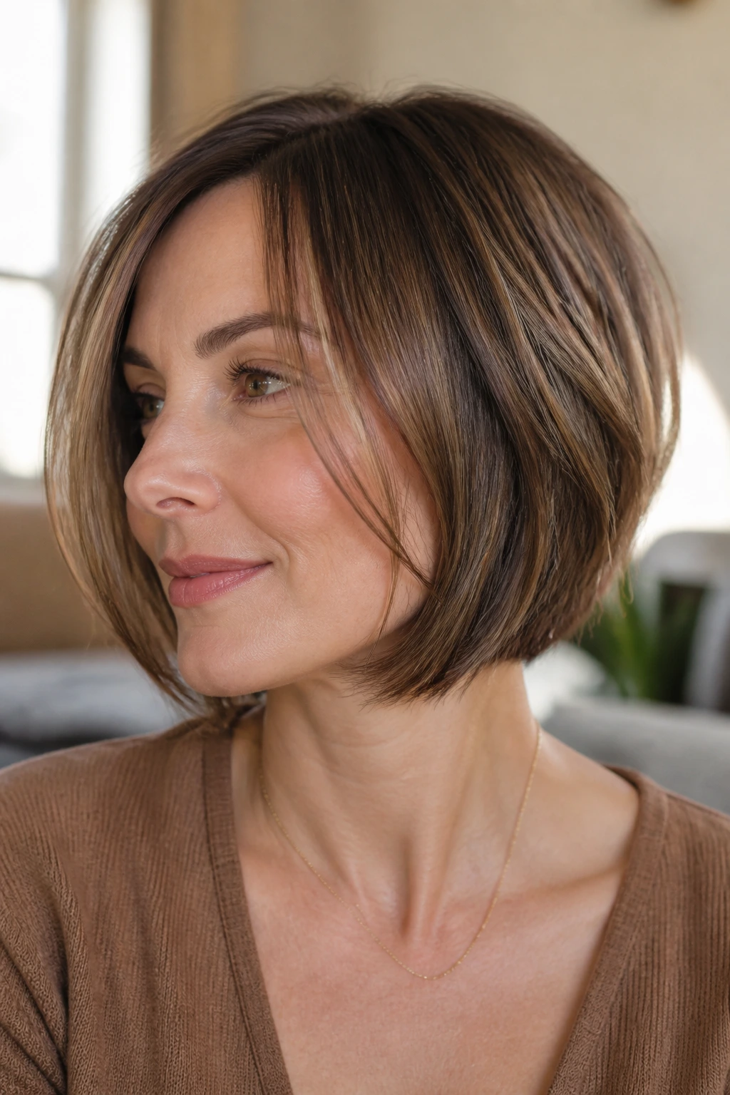 Close-up of a real woman with a jaw-length bob featuring inner layers and lowlights.
