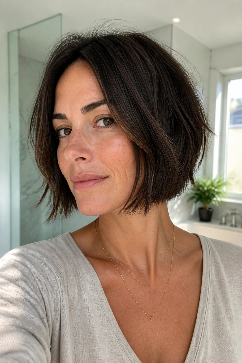Close-up of a real woman with a jaw-length inverted bob and piecey ends around the jaw