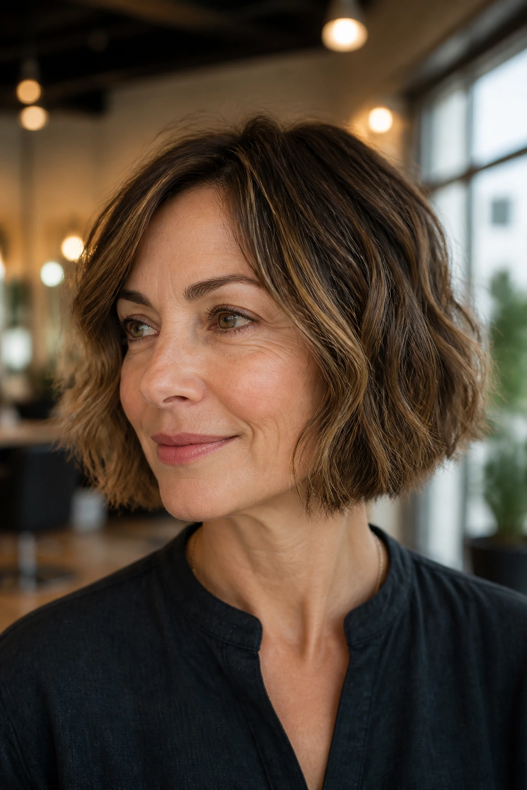 Close-up of real woman with jaw-length wavy bob and wave-first shape