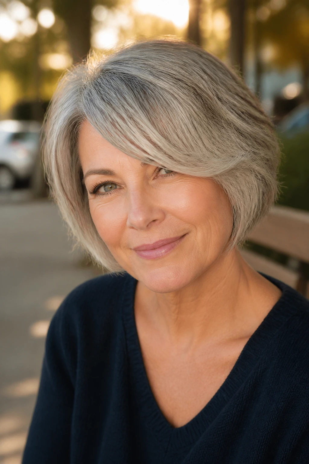 Close-up of jaw-length bob with sweeping side bangs on a real woman in a park at golden hour
