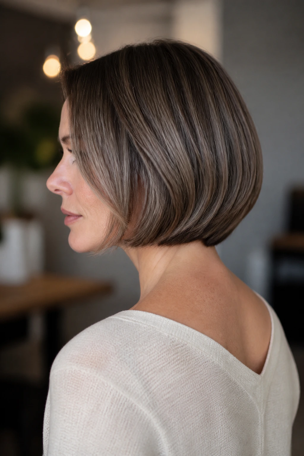 Three-quarter profile of a real woman with a jaw-length bob and soft bend